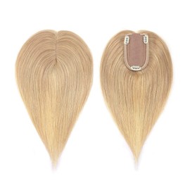 MY-LADY Human Hair Toppers for Women Real Remy Hair 150% Density 7 * 13CM Silk Base No Bangs Clip in Hair Pieces Straight Hairpiece for Thinning Hair 12 Inch #24 Natural Blonde