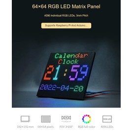 Waveshare RGB Full-Color LED Matrix Panel 3mm Pitch 64×64 Pixels 4096 Individual RGB LEDs Adjustable Brightness Compatible with Raspberry Pi