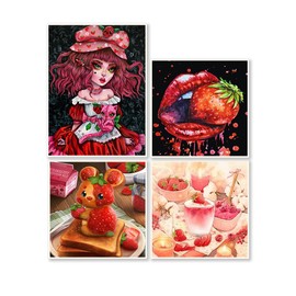 DCIDBEI 30 x 40/30 cm 5D Round Diamond Painting Girl Strawberry, 4 Pack Embroidery Diamond Fruit Puzzle Diamond Adults, Mosaic Romantic Art, Wall Decoration, Children's Bedroom, Restaurant with