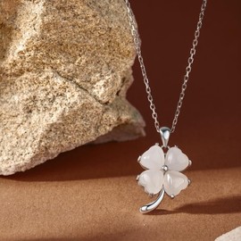 DAYLINLOVE Four Leaf Clover Necklace S925 Sterling Silver Natural White Hetian Jade Necklace Lucky Four Leaf Clover Pendant for Women Mother's Day Valentine's Day Gift