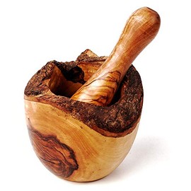 Mortar and Pestle Made of Olive Wood, Natural Rim - approx. 14cm diameter, Brown