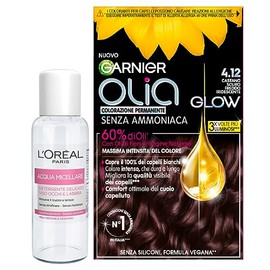 Garnier Olia Permanent Hair Colour Ammonia Free Brightening Nourishing Colour 4.12 Dark Brown Cool Iridescent + Micellar Water Gentle Cleansing for Face, Eyes, Lips, Travel Size 30ml