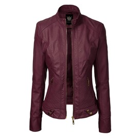 Lock and Love LL WJC747A Womens Dressy Vegan Leather Biker Jacket XS Wine