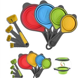 Hotsyang Collapsible Measuring Cups and Spoons Set,16 Pcs Portable Silicone Measuring Cups and Spoons for Liquid & Dry Measuring, Food Grade Silicone Measuring Tools Set, Yellow Green(Random Rainbow)