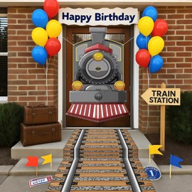 NeusWonder Christmas Express Train Party Decorations with Railroad Track, Polar-Inspired Steam Engine Hanging Banner Backdrop Signs for Winter Railroad Party, Holiday Entryway, or Classroom Decor