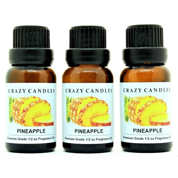 Crazy Candles Pineapple 3 Bottles 1/2 FL Oz Each (15ml) Premium Grade Scented Fragrance Oil