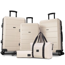 Hoteel 5 Piece Luggage Set Expandable ABS+PC Hardshell Carry on Suitcase with Spinner Wheels & TSA Lock for Men and Women, Rolling Suit Case for Plane, Travel, Business, Beige (20/24/28/DB/TB)