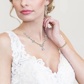 BriLove Wedding Jewelry Set for Women, Y-Necklace Tennis Bracelet Dangle Earrings with AAA Cubic Zirconia Teardrop Leaf Vine for Bridal Bridesmaid Clear-Gold Toned