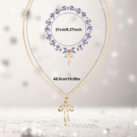 Bow Bracelet Necklace Set, Include Bow Beaded Bracelet & Bows Necklace Vintage Bracelets Jewelry Gifts Romantic Necklaces for Women (blue, gold)