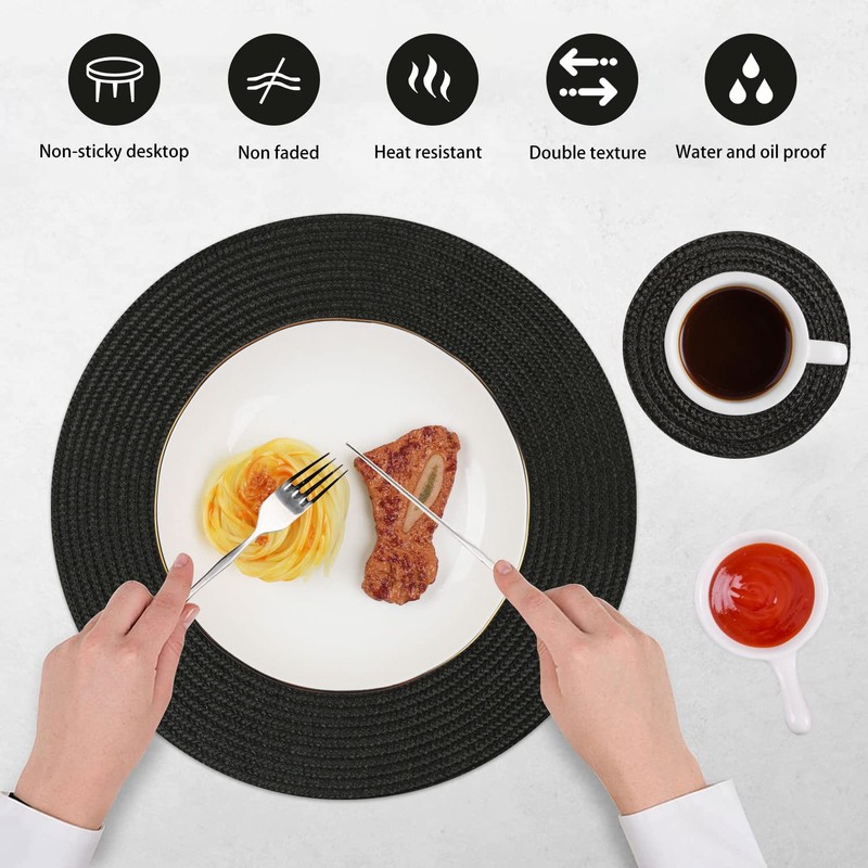Homcomodar Round Placemats and Coasters Set of 6 Braided Woven