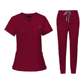LOVIVER Uniforms Scrub Set Short Sleeve Nurse Top Pants Suit Modern V Neck Scrub Top Female Stretch Nursing Work suits for Healthcare, XS, Red