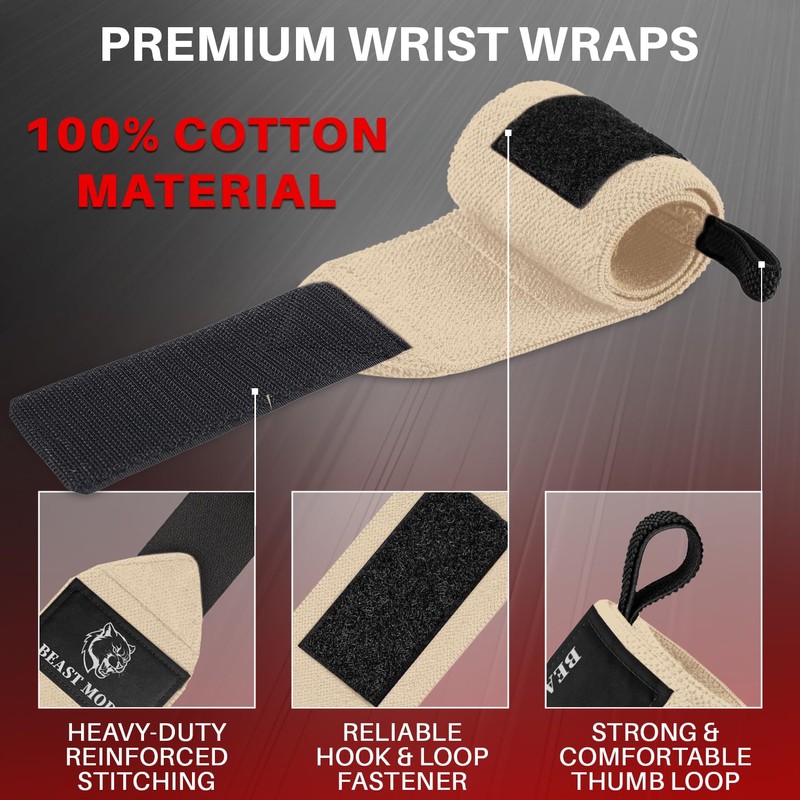 TECEUM Weightlifting Wrist Wraps with Thumb Loop – Beige –