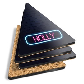 4 x Triangle Coasters - Neon Sign Design Holly Name Cork Backed MDF Glossy Tea Coffee Accessory #353035