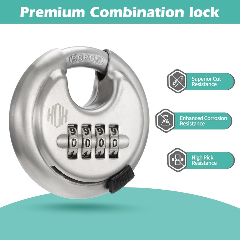 HOX Boron Shackle Combination Disc Lock, 70mm Stainless Steel Body,