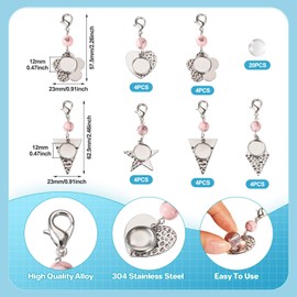 PandaHall 20pcs 304 Stainless Steel Blank Bezel Charms Trays Pendants Dome Cabochons Setting Flower Heart Dangle with Lobster Clasps for Keychains Jewelry Making