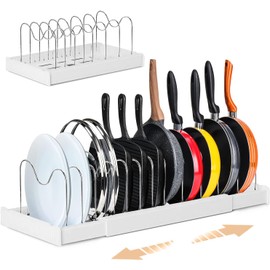 Organizador de Sartenes y Ollas Expandible, Organizador de Platos Acero Inoxidable 13 Compartimentos Ajustables, Porta Sartenes de Cocina, Separador de Tapas, para Armario de Despensa, Blanco