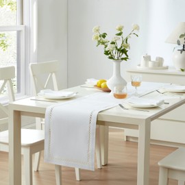 Newbridge Fabric Table Runner, 70 Inch, Summer Provence Lattice Cutwork Solid Color Textured, Water and Stain Resistant Easy Care Fabric Table Cloth, White