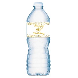 80th Birthday Water Bottle Labels; Set of 20 Waterproof Water Bottle Wrappers; Gold and White. Happy Birthday Labels