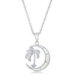 Beaux Bijoux Palm Tree, Created White Opal Crescent Moon 16+2” Pendant Necklace Sterling Silver Jewelry for Women or Teens