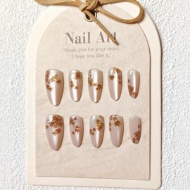Fall Press on Nails Medium Almond Fake Nails with Brown Maple Leaves Design Glossy White Glue on Nail Cat Eye Nails Press ons Reusable Holiday Autumn False Nail for Women Manicure 30Pcs