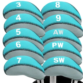 Golf Iron Head Covers Neoprene with Numbers Printed Value 10 Pcs/Set, Headcovers Zipper Waterproof Durable Portable Color Red Blue Green Fits All Irons Clubs (Lake Blue Without Window)