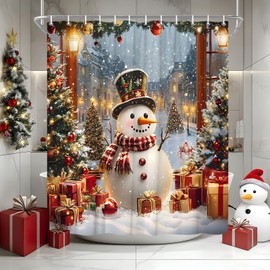 Winter Snowman Shower Curtain Merry Christmas Snow Scene Xmas Tree Rustic Funny Cute Happy New Year Festive Farmhouse Holiday Bathroom Curtains Set Polyester Fabric Hooks 70" W x 70" L