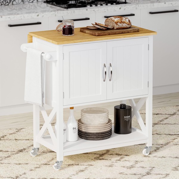 Spirich Home Kitchen Island on Wheels, Rolling Cart with Storage Cabinet, Small Kitchen Island with Drop Leaf and Towel Rack for Dining Room, White