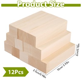 Pack of 12 Carving Wood Linden Wood for Carving, Wooden Blocks Untreated, Wooden Blocks for Crafts for Children Adults DIY Carving (10 x 2.5 x 2.5 cm)