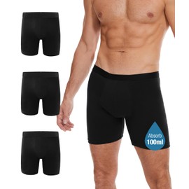 YESWEL Incontinence Underwear Long Leg For Men, 100ML Absorbent Cotton Washable Leak-Proof Reusable Boxer Brief 3 Pack (Black, Medium)