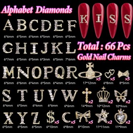 66 Pcs Gold Nail Charms, Shiny Letter Nail Charms, Golden Butterfly Star Dollar Bows Heart Saturn Cross Alloy Nails Gems Charm, 3D Y2K Gold Charm for Nails Art DIY