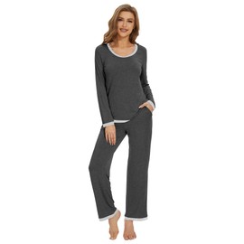 WiWi Women's Viscose from Bamboo Pajama Sets Soft Long Sleeves Top with Pants Loose 2 Pieces Loungewear Set S-XXL, Charcoal Heather, X-Large
