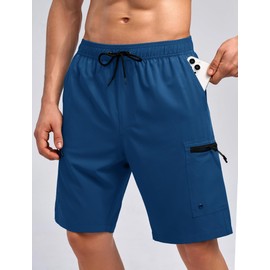 Vogyal Mens Swimming Trunks with Compression Liner Zipper Cargo Pockets Bathing Suit 2 in 1 Swim Shorts, Navy Blue, Small