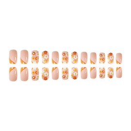 Orange Press on Nails Short Square Fake Nails Flower Acrylic Nails French Press on Nails Full Cover Artificial Nails Glossy Stick on Nails Daisy Glue on Nails Cute Fake Nails for Women Girls Manicure