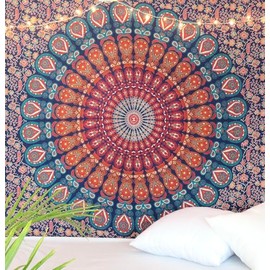 Original Kikan Indian Tapestry Mandala Wall hanging Bohemian Decor Bedspread Multi Coloured Cotton Hippie Boho Gypsy Sheet Hand printed (PINK, twin)