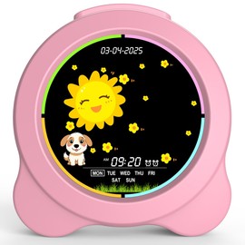 Kids Alarm Clock, Sun & Moon with Day & Date, LED Display, Wake Up Clock with Luminous for Kids, Kids Sleep Trainer Gift for Boys and Girls (Pink)