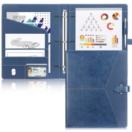 Toplive Padfolio 3 Ring Binder Organizer Business Portfolio Folder for Women, A4/ Letter Size PU Leather Portfolio Padfolio for Interview Conference Presentation, Blue