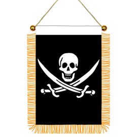 Pirates Window Hanging Flag With Fringy, Skull Mini Flag Banner For Car Rearview Mirror, Mini Hanging Decor Double Sided Flag With Suction Cup 4x6 Inch