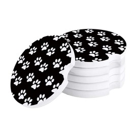 Car Coasters for Women Dog Paw Prints Black and White Absorbent Ceramic Car Cup Holder Coaster with Fingertip Grip Keep Cupholder Clean Car Coasters Set 2-Piece
