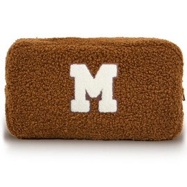 kamumanni Cute Plush Makeup Bag, Fluffy Cosmetic Bag with Initial, Small Aesthetic Makeup Pouch with Chenille Letter for Travel, Gifts for Women and Girls, Brown-M