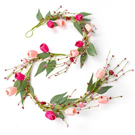 Yawwind 5 FT Artificial Valentine Garland Romantic Valentines Day Garlands Farmhouse Valentines Day Floral Garlands with Tulip Heart Berries for Mantle Table Stairs Indoor Outside Holiday