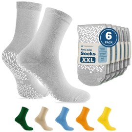 TenderGentle Hospital Socks with Grips for Men and Women - 6 Pairs of Grey XXL Grippy Socks for Elderly - Hospitals, Nursing Homes, and Long Term Care Facilities - Soft and Stretchy