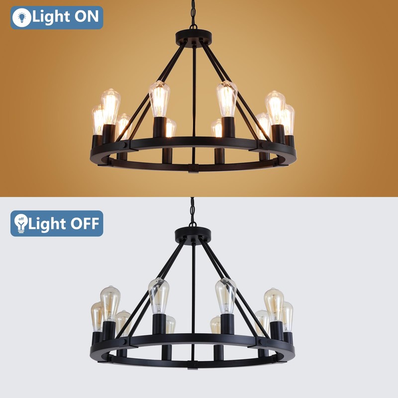 9MMML 10 Lights Wagon Wheel Chandelier, Black Round Globe Wrought