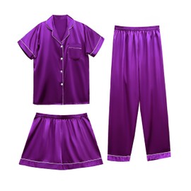 Vlazom Womens Silk Pyjamas, Satin Pyjamas Sets Ladies Silky Sleepwear 3 Piece Short Sleeve Pjs Set Button Down Loungewear Purple,XL