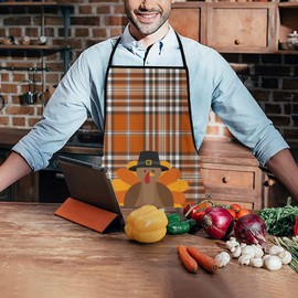 Pumpkin Plaid Turkey Chef Apron, Kitchen Cooking Aprons For Women Men Party Barber Server Happy Thanksgiving Aprons Happy Baking Grilling Cute Aprons Decorations Gifts For Adults Dad Family Friends