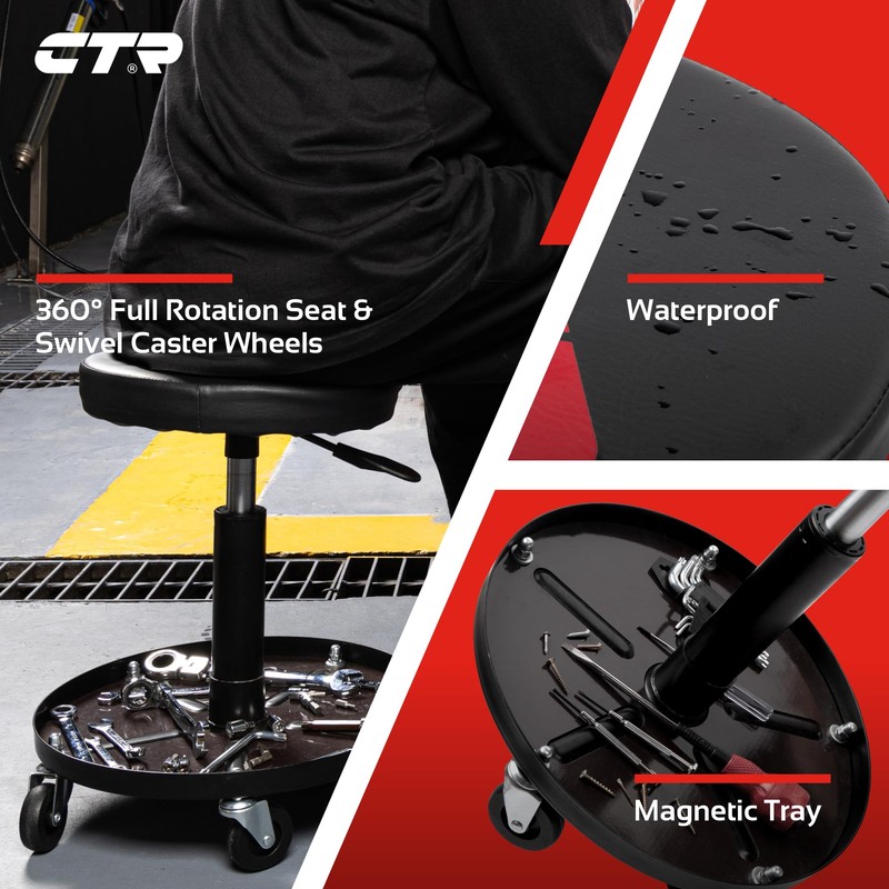 CTR Rolling Mechanic Shop Stool with Magnetic Tool Tray, Heavy