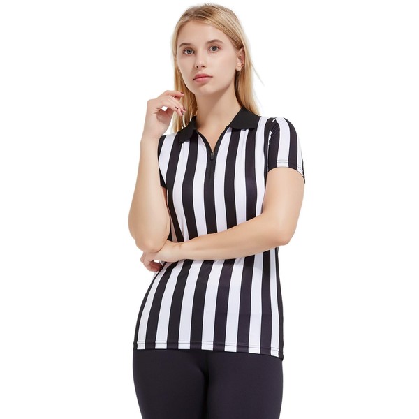 FitsT4 Women's Black & White Stripe Referee Shirt,Zipper Referee Jersey Short Sleeve Ref Tee Shirt for Refs, Waitresses & Costume