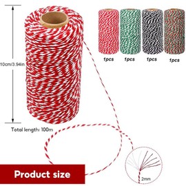 Christmas Twine for Gift Wrapping, 4 Rolls 100-Metre Cotton Twine String, Butchers String, Two-Tone Craft Cotton Thread for baking Gardening Decoration Tying Handicrafts and Gift Wrapping