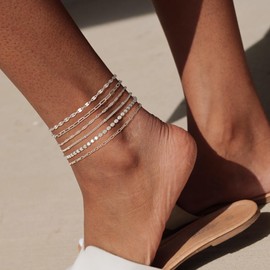 SVNXI Waterproof Ankle Bracelets for Women, 14K Real Gold Filled Anklets 6PCS Thiny Herringbone Box Paperclip Bead Figaro Cuban Link Anklet Set Dainty Gold Jewelry Cute Summer Beach Jewelry (Silver)