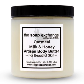 The Soap Exchange Body Butter - Oatmeal, Milk & Honey Scent - Hand Crafted 4 fl oz / 120 ml Natural Artisan Skin Care, Shea Butter, Aloe Vera, Nourish, Moisturize, & Protect. Made in the USA.