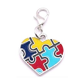 10 Autism Charms Puzzle Piece Heart Acceptance Awareness Support Asperger Syndrome CLIP-ON Silver Tone Metal (Heart Charms With Clasp, 10 Charms)